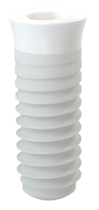 Implant dentar ceramic din zirconiu — vedere frontală, filet macro vizibil, suprafață tratată