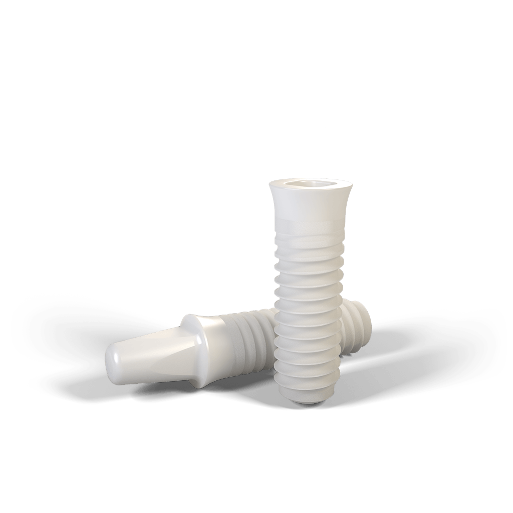 Două implanturi ceramice din zirconiu (Y-TZP) — render 3D, filet și corp vizibil