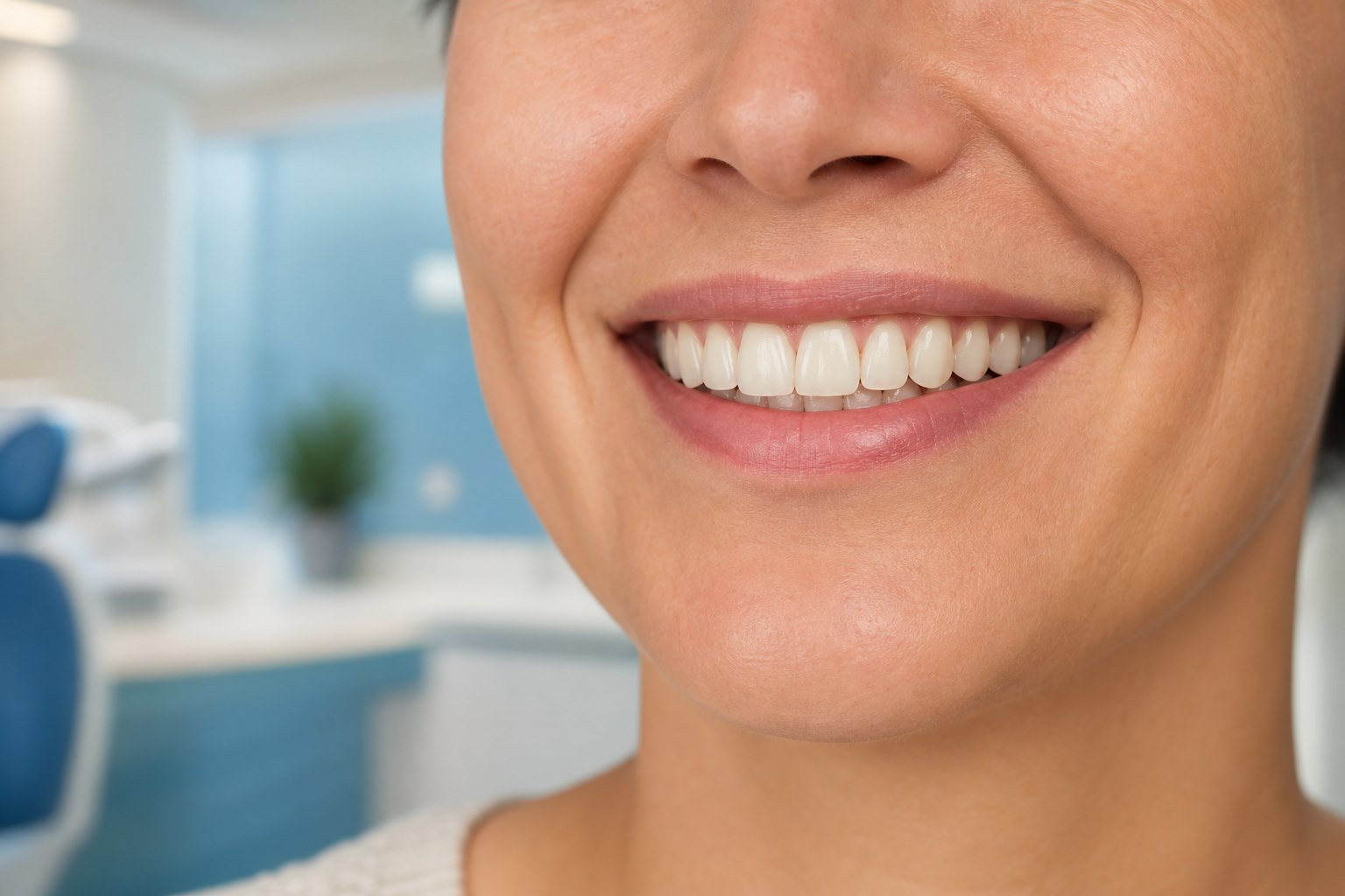 Zâmbet natural cu implant din zirconiu în zona frontală, incisiv superior restaurat estetic
