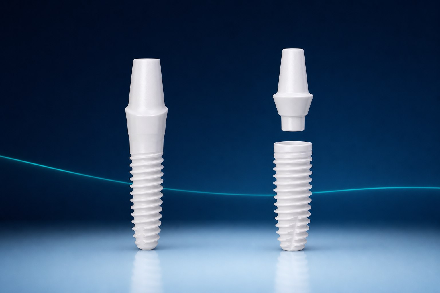 Comparație vizuală între un implant din zirconiu monobloc și un sistem din două piese cu bont separat