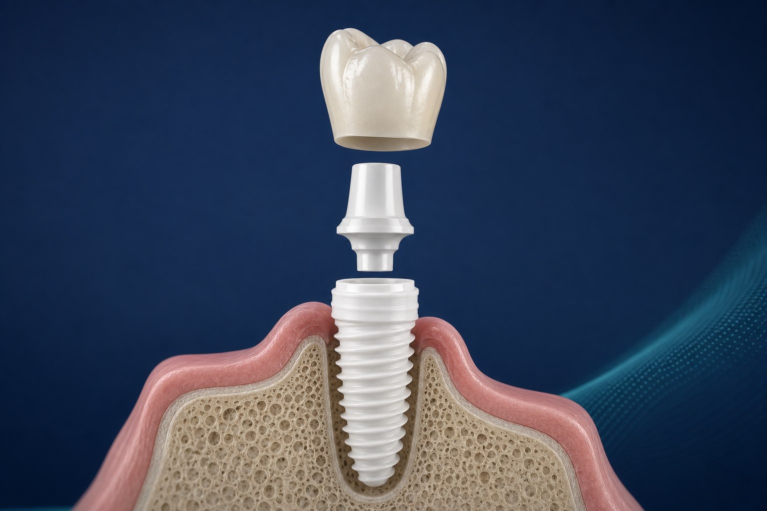 Diagram cu componentele unui dinte complet pe implant: implant, bont protetic și coroană