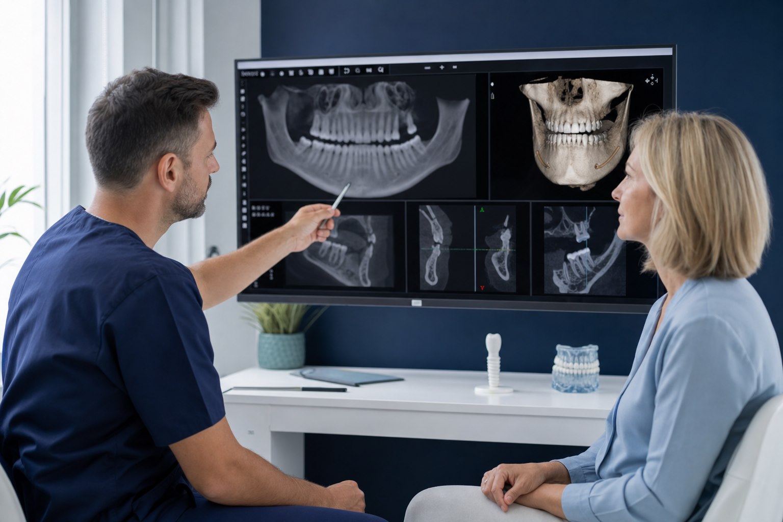 Medic stomatolog analizând tomografia unui pacient pentru evaluarea candidaturii la implant dentar
